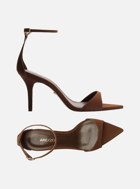 Sandália Marrom Escuro Camurça Salto Médio Tiras