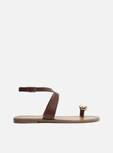 Sandália Rasteira Marrom Couro Metal Bold