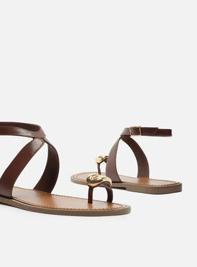 Sandália Rasteira Marrom Couro Metal Bold