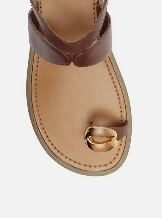 Sandália Rasteira Marrom Couro Metal Bold