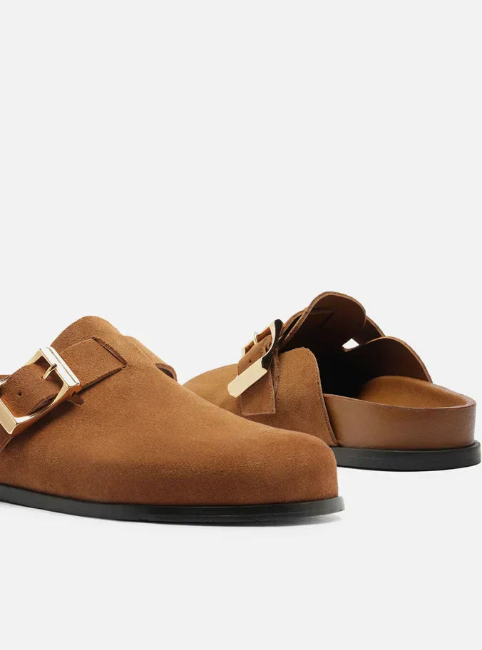 Clog Sabot Marrom Acamurçada Rasteira Fivela