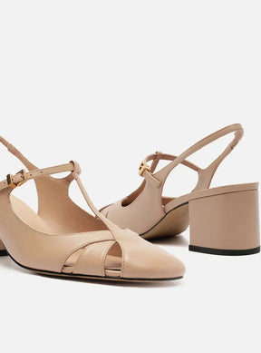 Sapato Boneca Bege Couro Slingback Recortes
