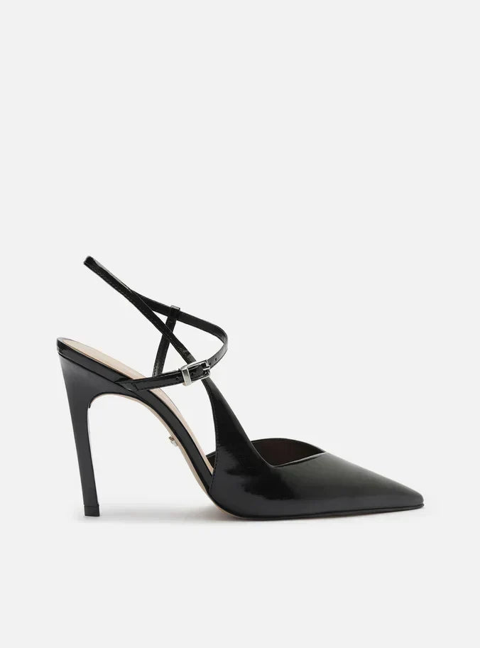 Scarpin Preto Salto Alto Slingback Cruzado