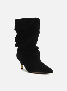 Bota Preta Suede Cano Médio Salto Fino Slouch