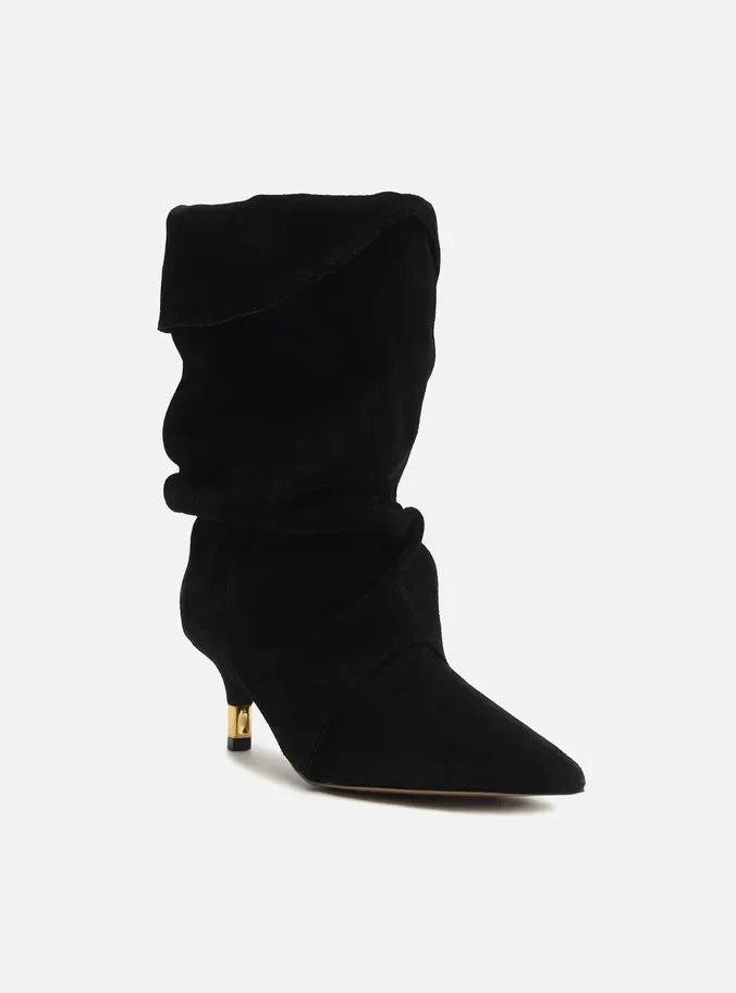 Bota Preta Suede Cano Médio Salto Fino Slouch