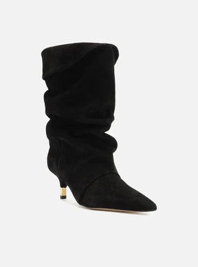 Bota Preta Suede Cano Médio Salto Fino Slouch