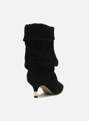 Bota Preta Suede Cano Médio Salto Fino Slouch