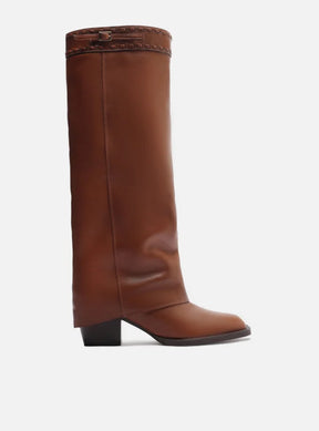 Bota Caramelo Couro Cano Longo Polaina Folk