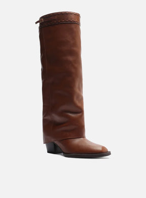 Bota Caramelo Couro Cano Longo Polaina Folk