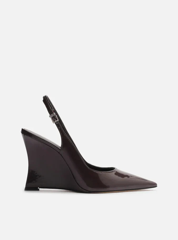 Scarpin Marrom Verniz Salto Alto Anabela Slingback
