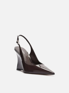 Scarpin Marrom Verniz Salto Alto Anabela Slingback