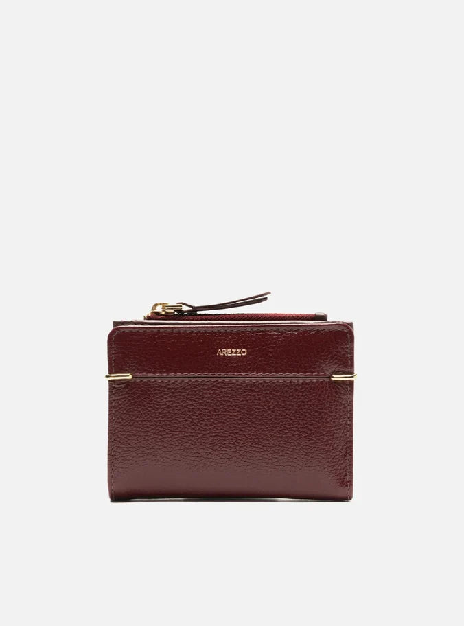 Carteira Vermelha Couro Pequena Zíper Metais