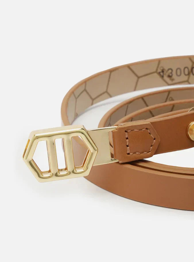 Cinto Marrom Couro Fino Fivela Hexagonal