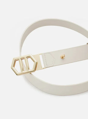 Cinto Branco Couro Médio Fivela Hexagonal