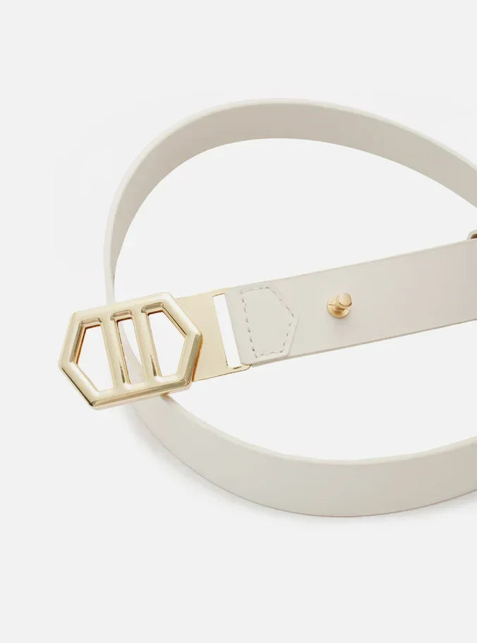 Cinto Branco Couro Médio Fivela Hexagonal
