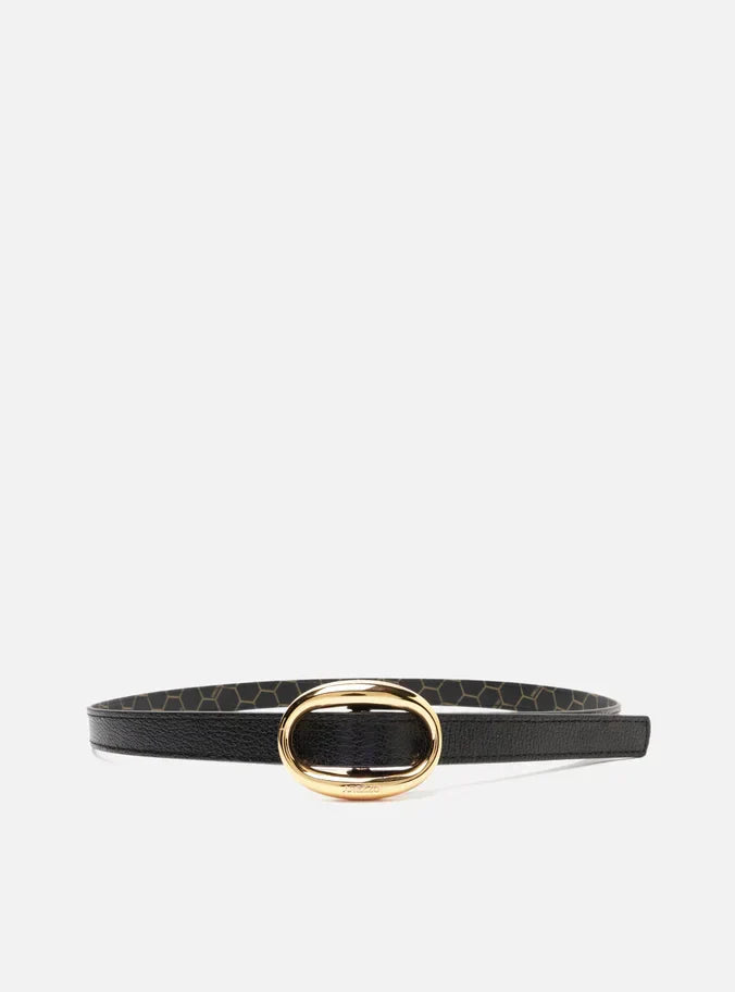 Cinto Preto Couro Fino Fivela Oval Metal