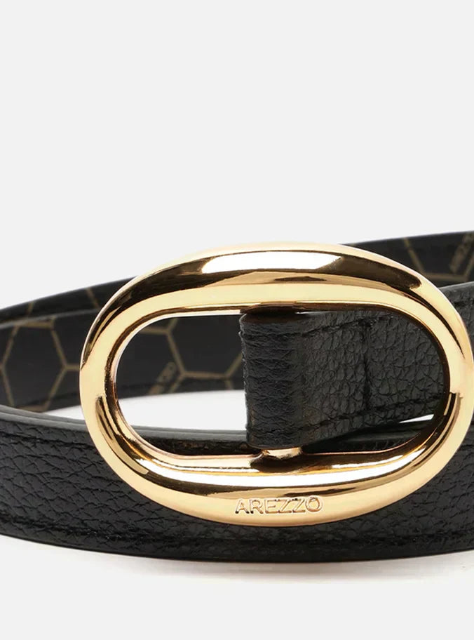 Cinto Preto Couro Fino Fivela Oval Metal