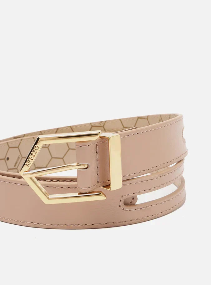 Cinto Bege Couro Recorte Fivela Metal